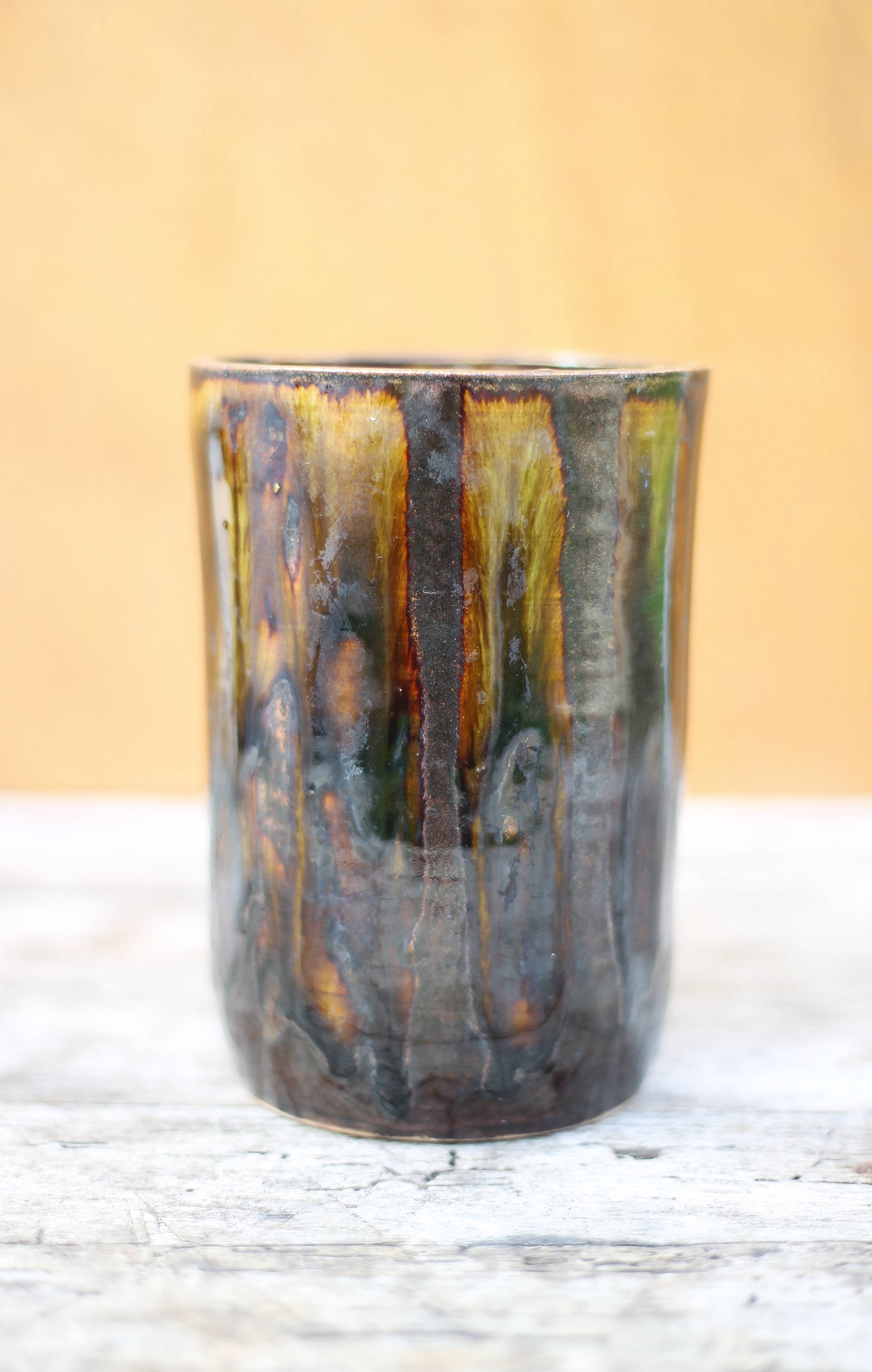 Glazed stoneware vase with drips, vintage signed vase, flower pot