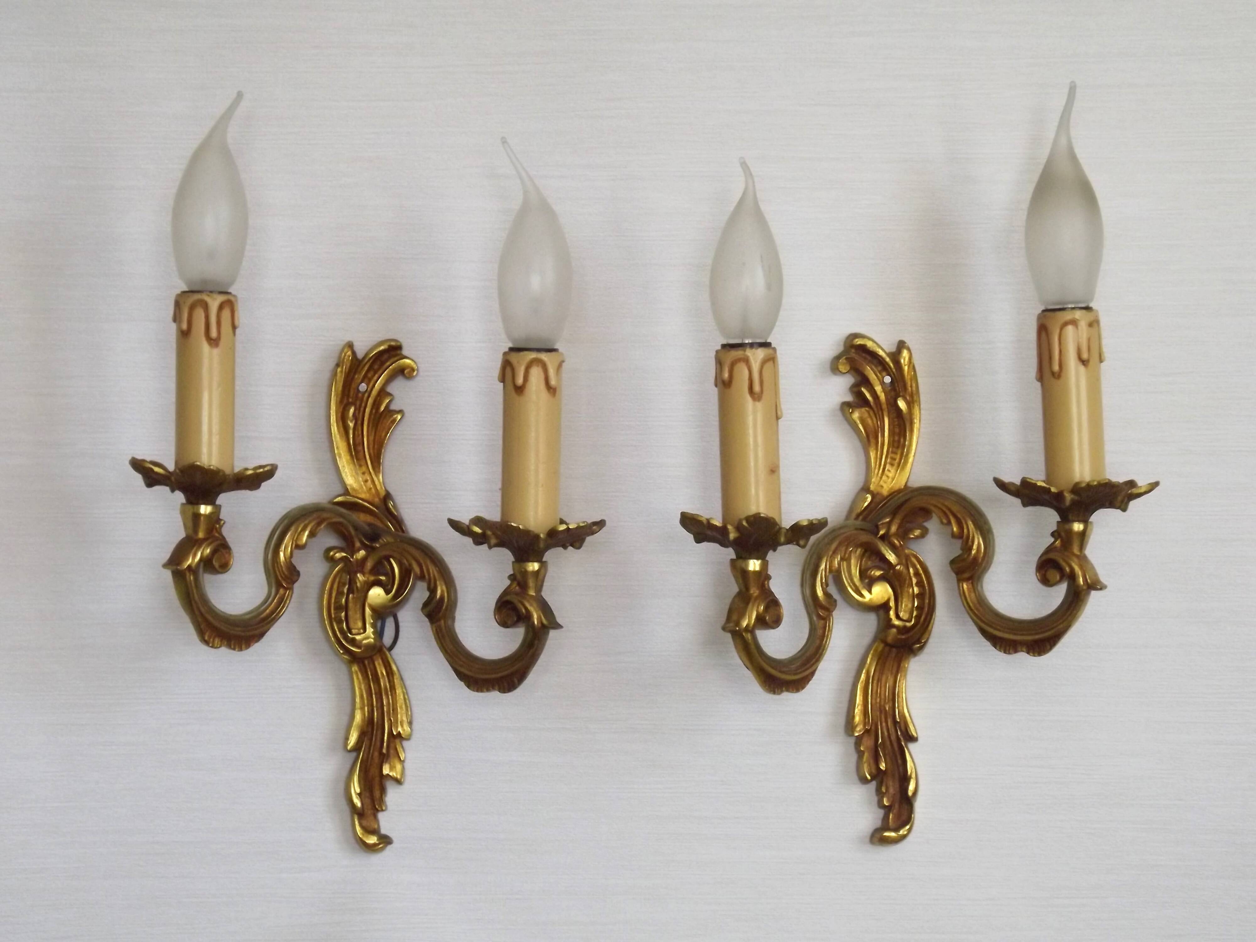 Stylish Vintage French Bronze Double Wall Sconces with Acanthus Leaf Detail