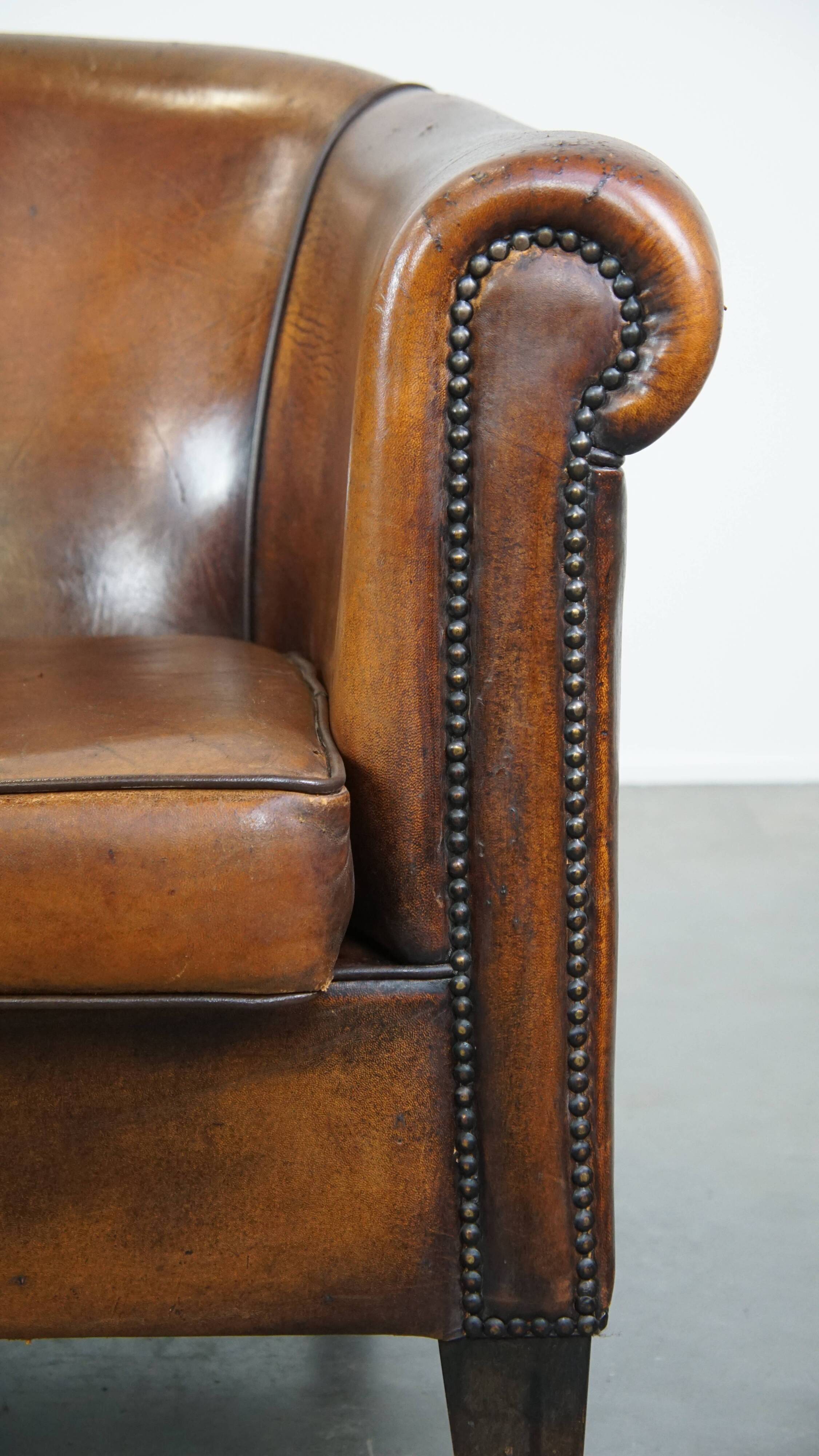 Cognac-Colored Vintage Sheepskin Leather Club Armchair