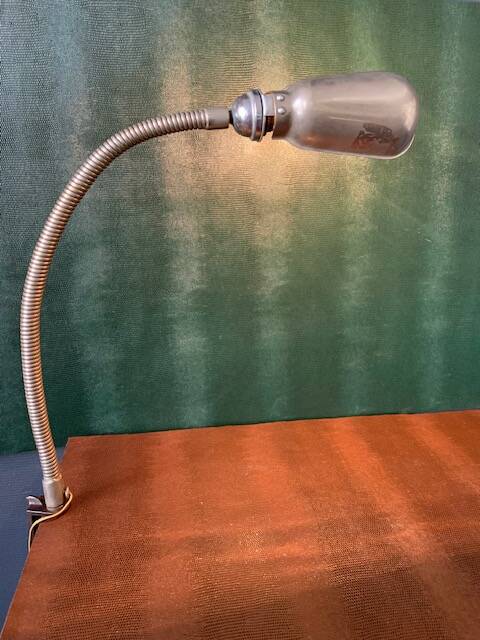 Old workshop lamp, silver metal, flexible, 1950