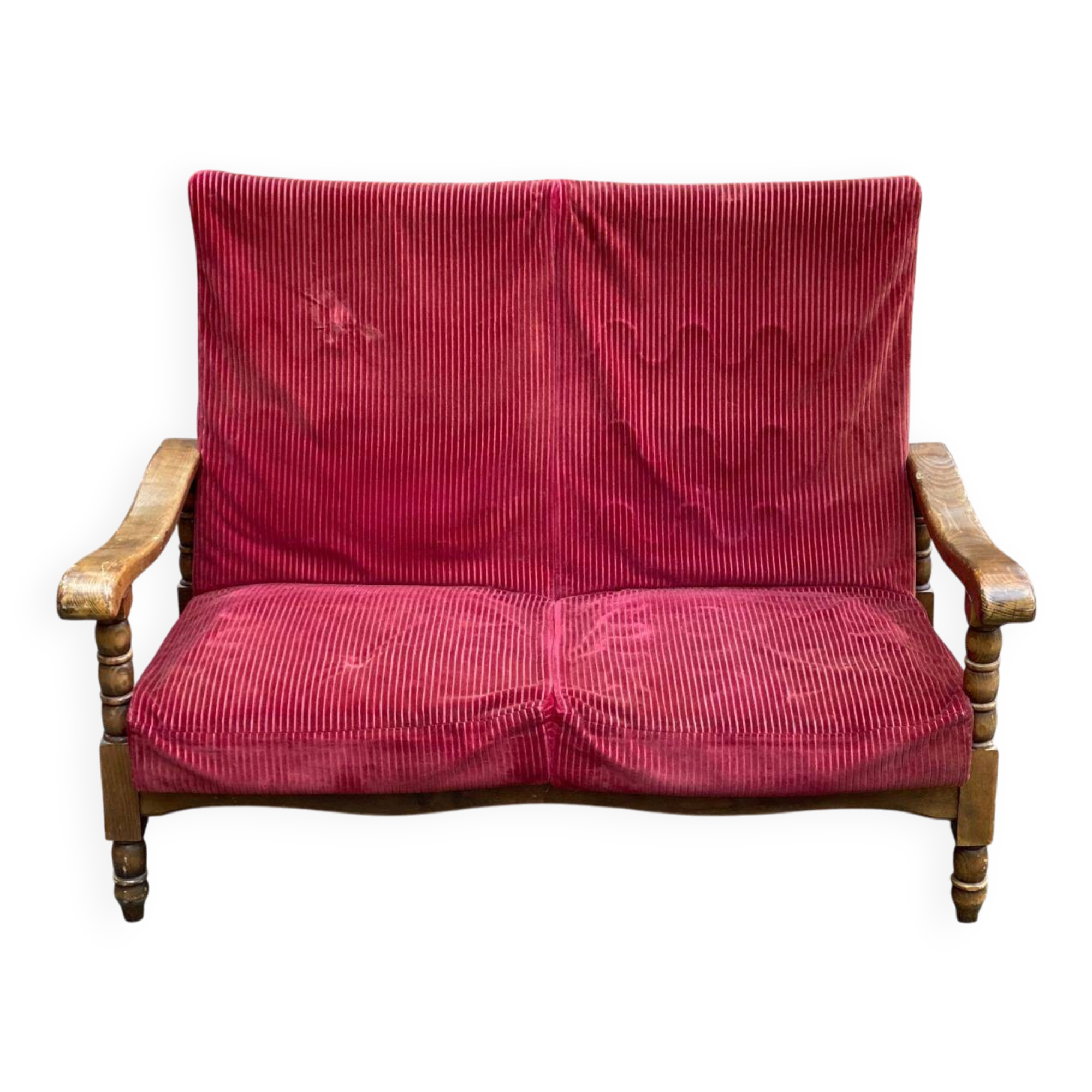 Canapé vintage 2 places en bois massif et velours bordeaux du 20ème