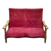 Vintage 2-seater sofa in solid wood and burgundy velvet from the 20th century