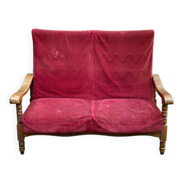 Vintage 2-seater sofa in solid wood and burgundy velvet from the 20th century