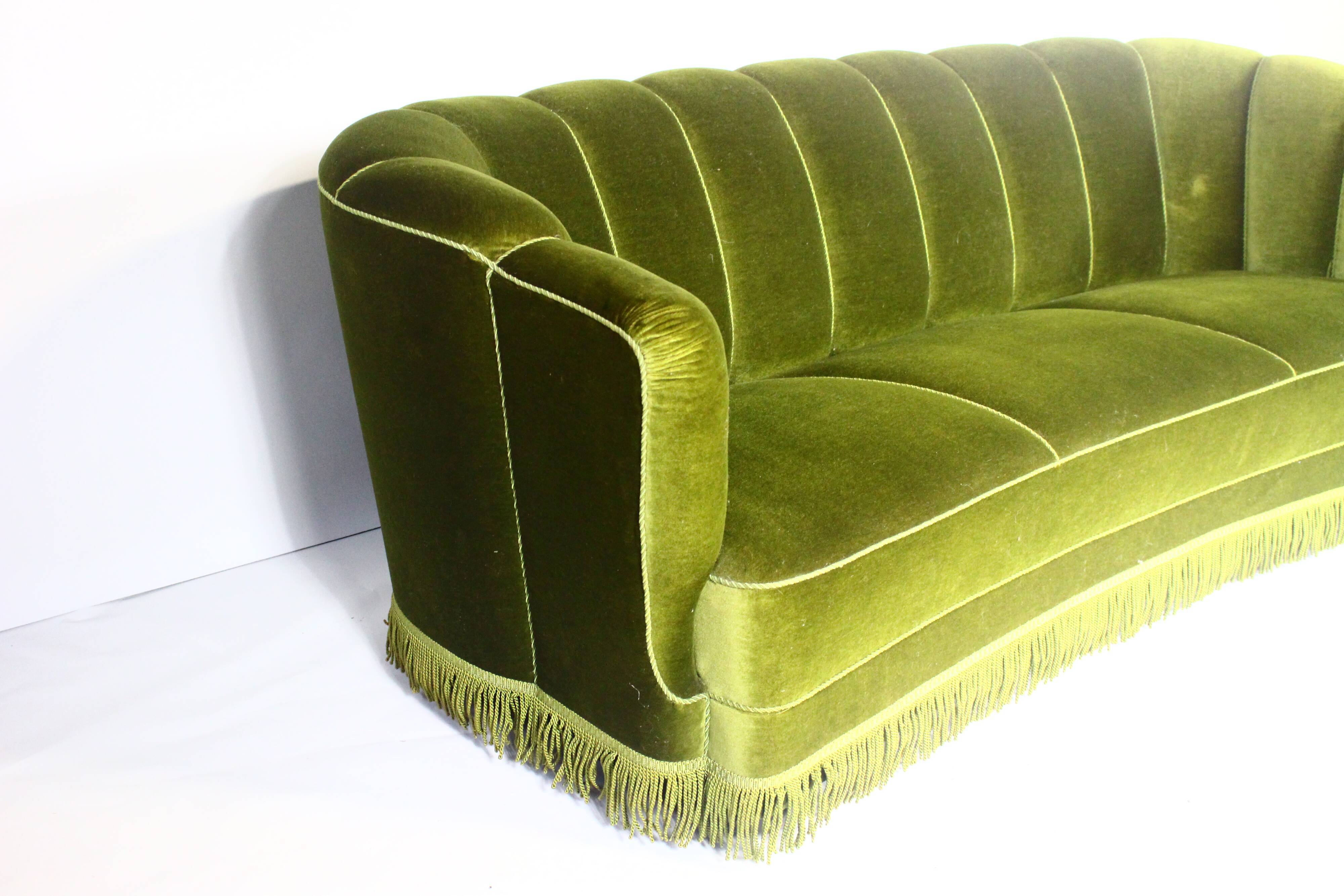 1940s art deco green velvet banana sofa, Denmark