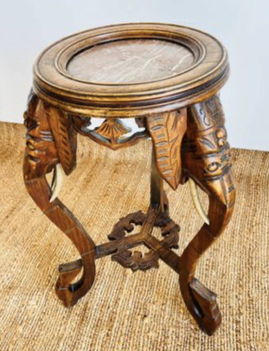 Carved wooden stool, red marble top, early 20th century