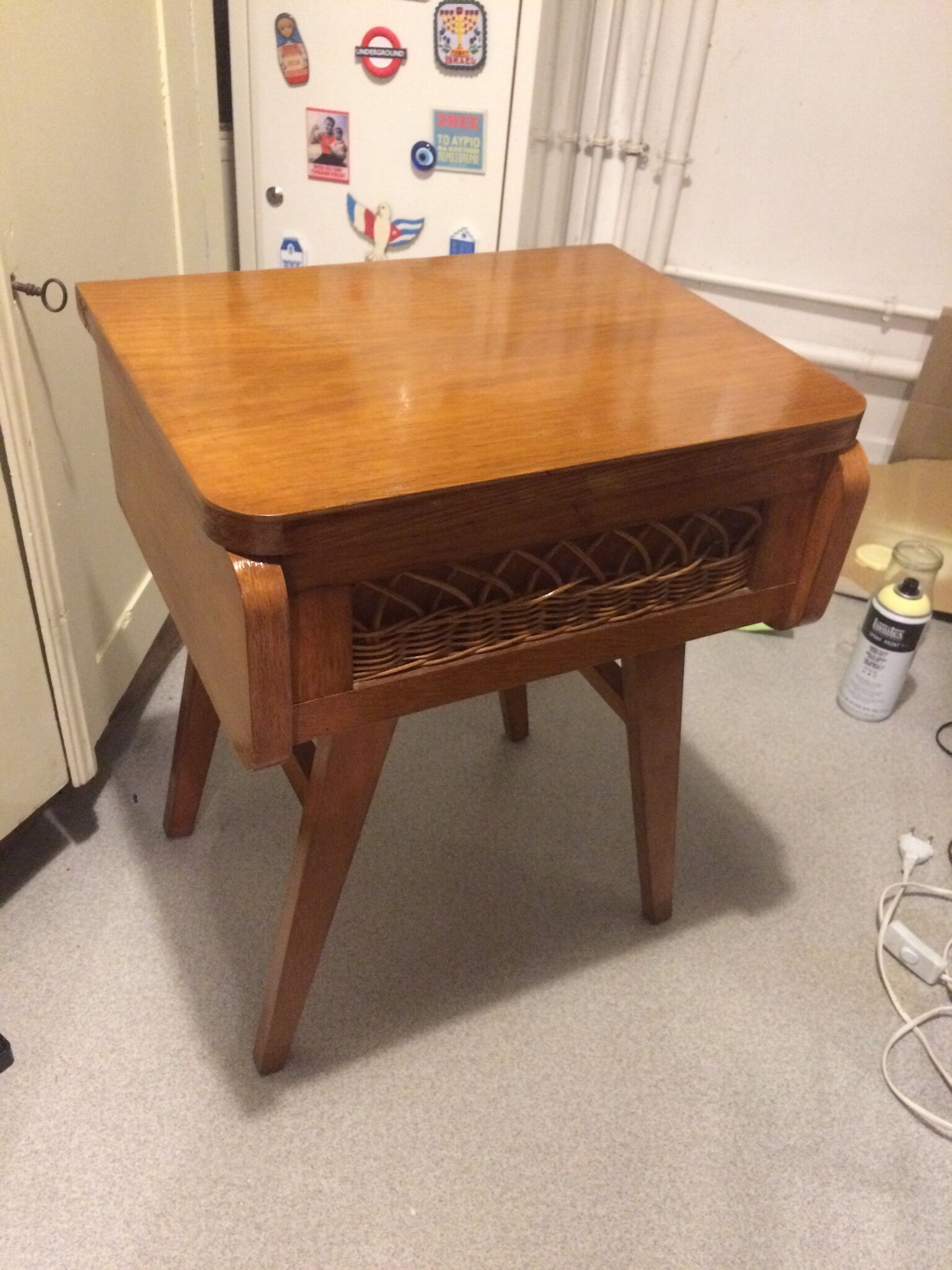 Vintage bedside table wood and rattan