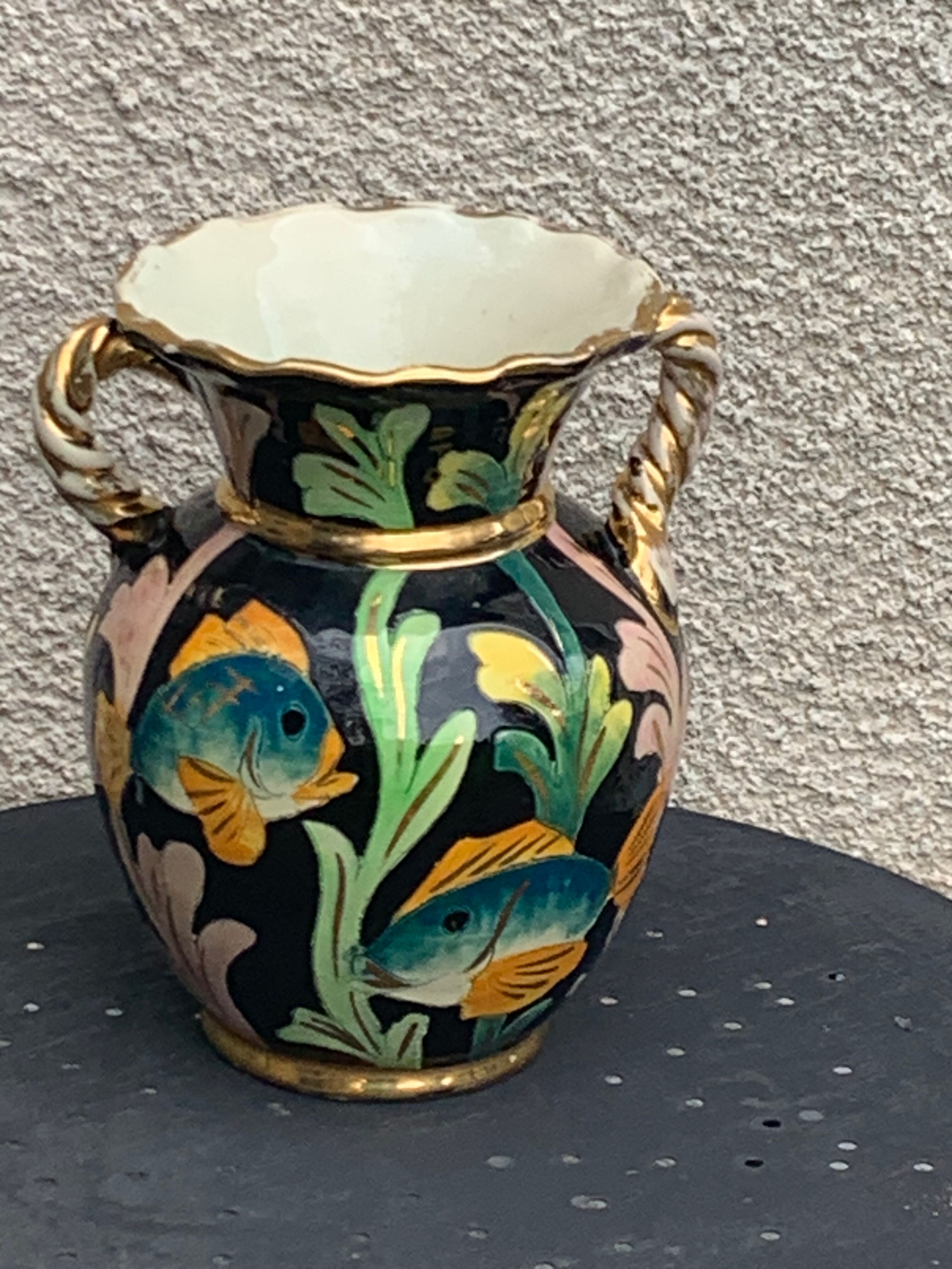 Amphora vase in glazed ceramic vintage vallauris fish motifs