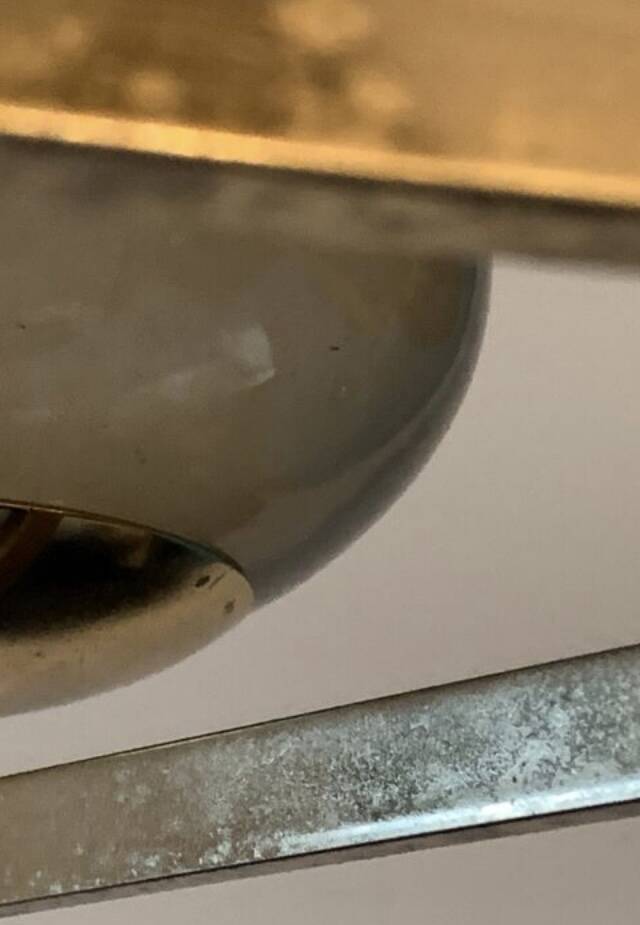 Italian brass chandelier with 6 grey smoked glass globes