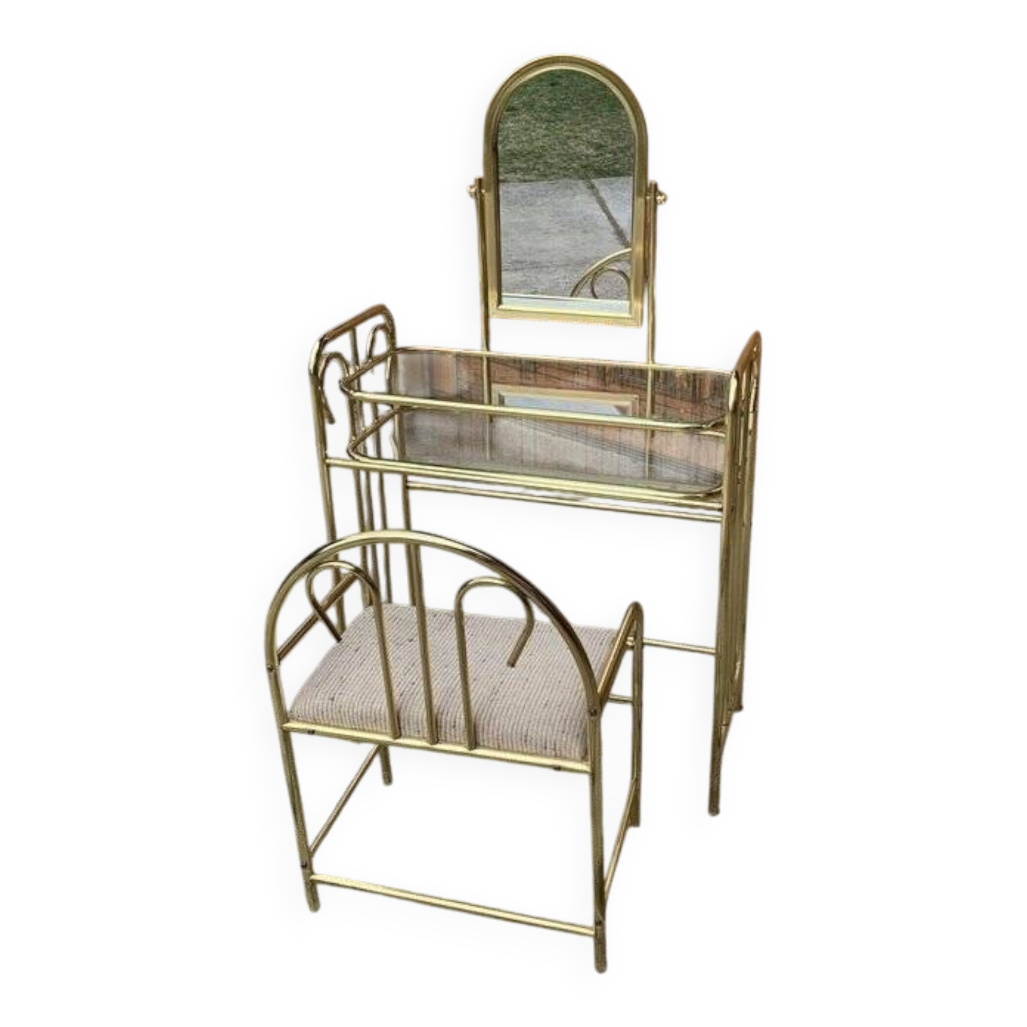 Vintage brass and glass dressing table with matching beige stool - set of 2 (1950s)