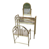 Vintage brass and glass dressing table with matching beige stool - set of 2 (1950s)