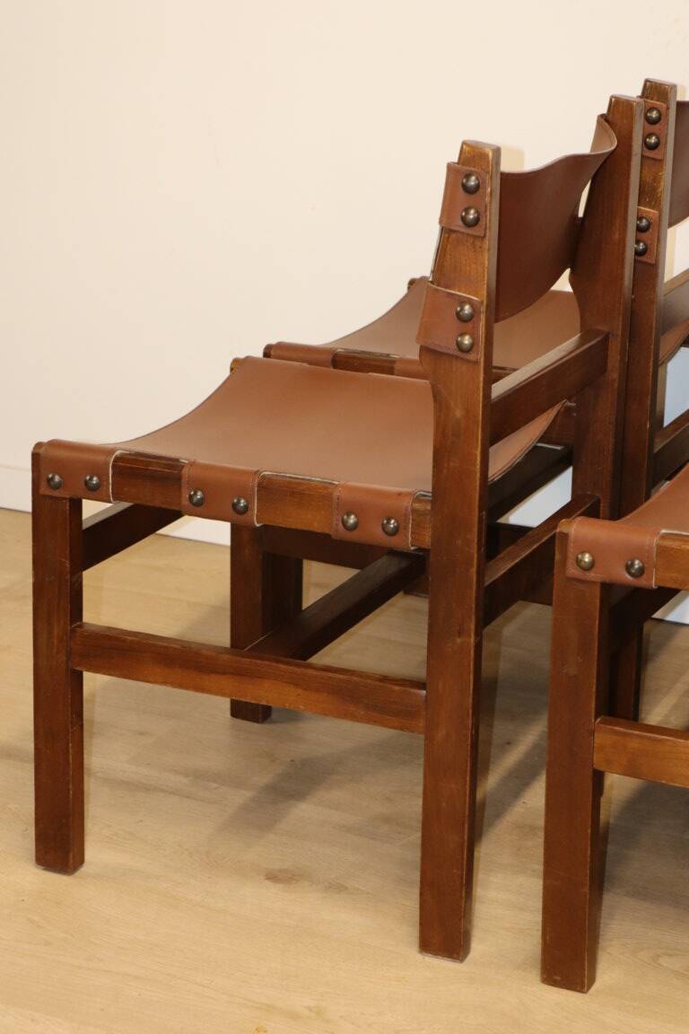 Series of 6 vintage Maison Regain chairs in leather and wood, 1960s