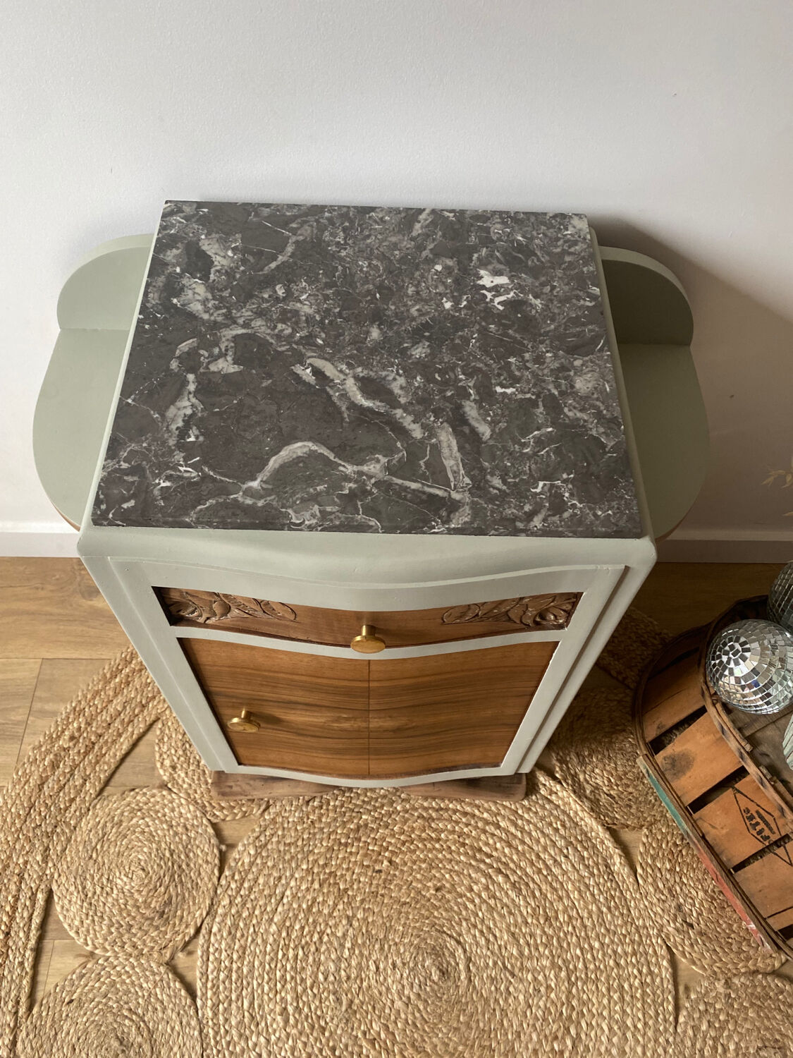 Pair of mismatched art deco bedside tables in green and wood