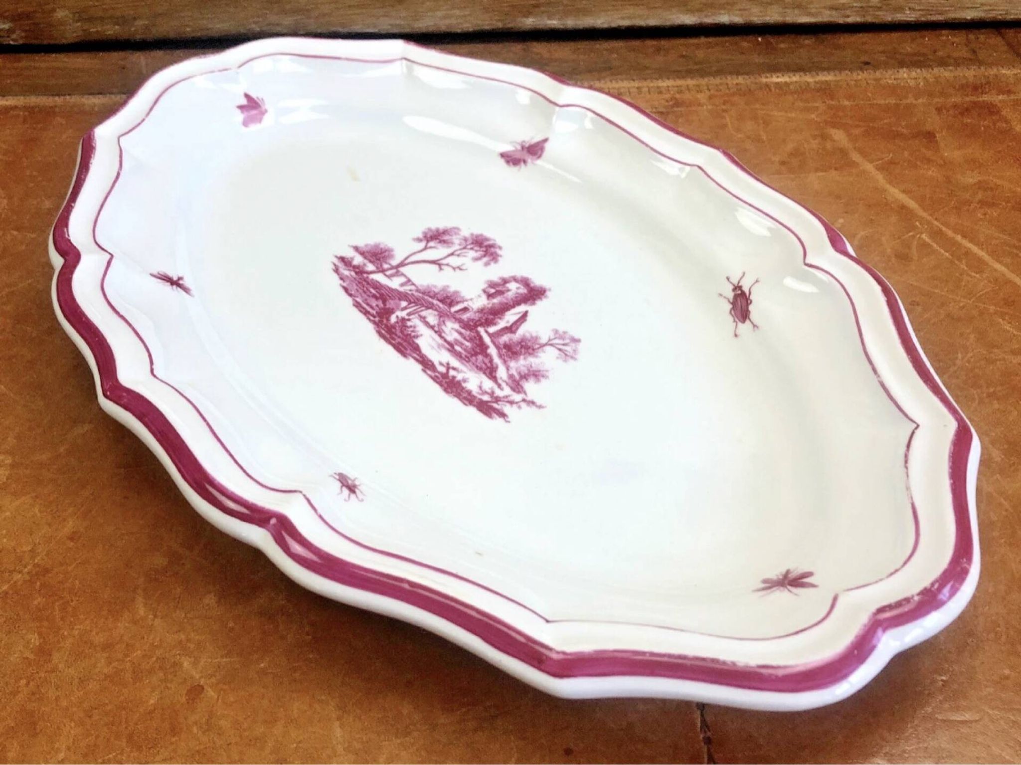 Old oblong oval dish 41.5 x 27 Gien model landscape pink 1938/1960