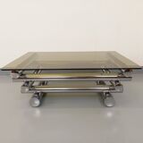 Vintage Space Age rectangular coffee table by Paul Mayen in smoked glass and chrome metal from the 70s