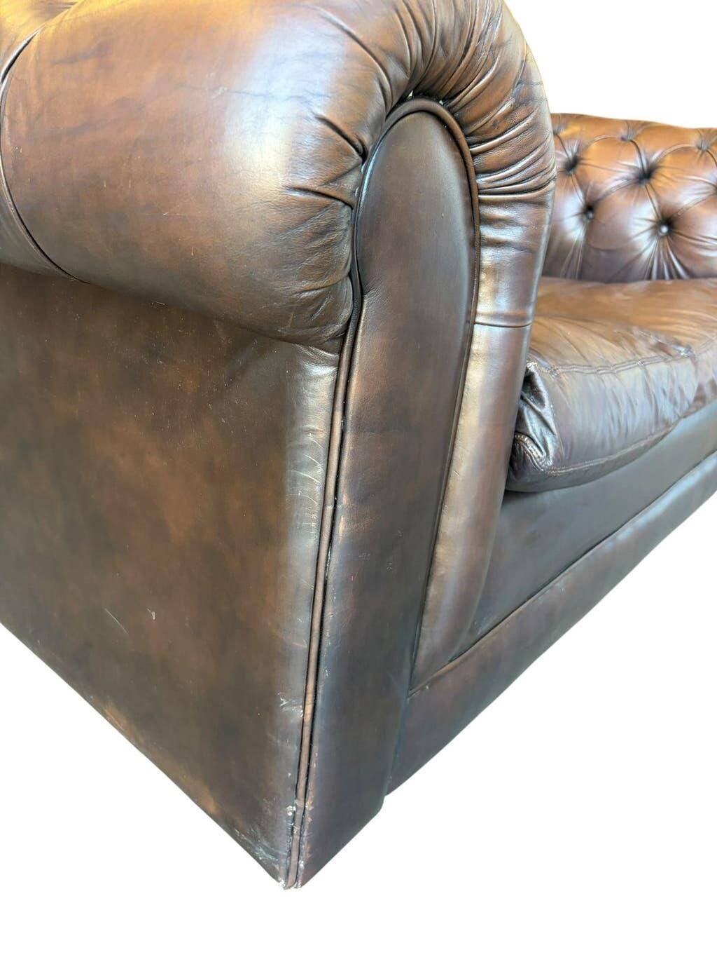 Vintage chocolate brown leather Chesterfield armchair/sofa