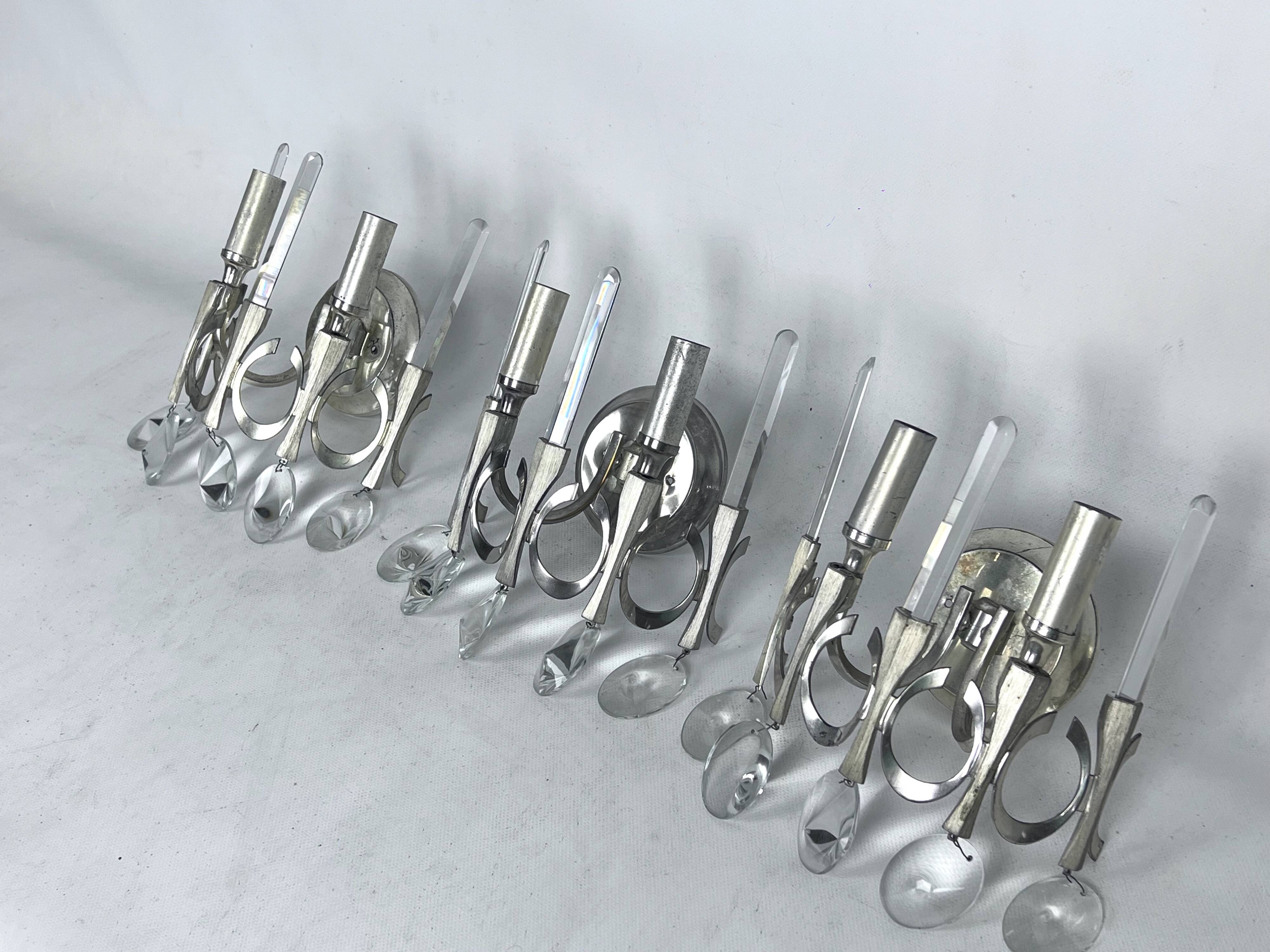 Mid-Century nicheled brass and glass sconces by Sciolari. Labeled. Italy 1960s