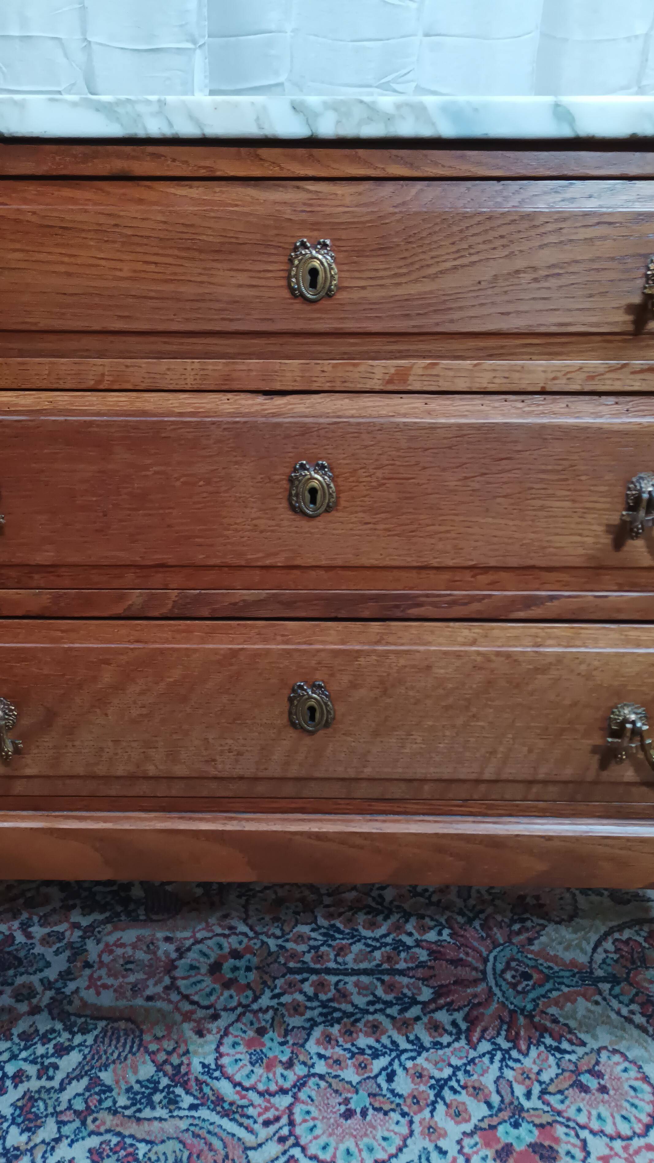 Louis XVI style chest of drawers in oak and marble top