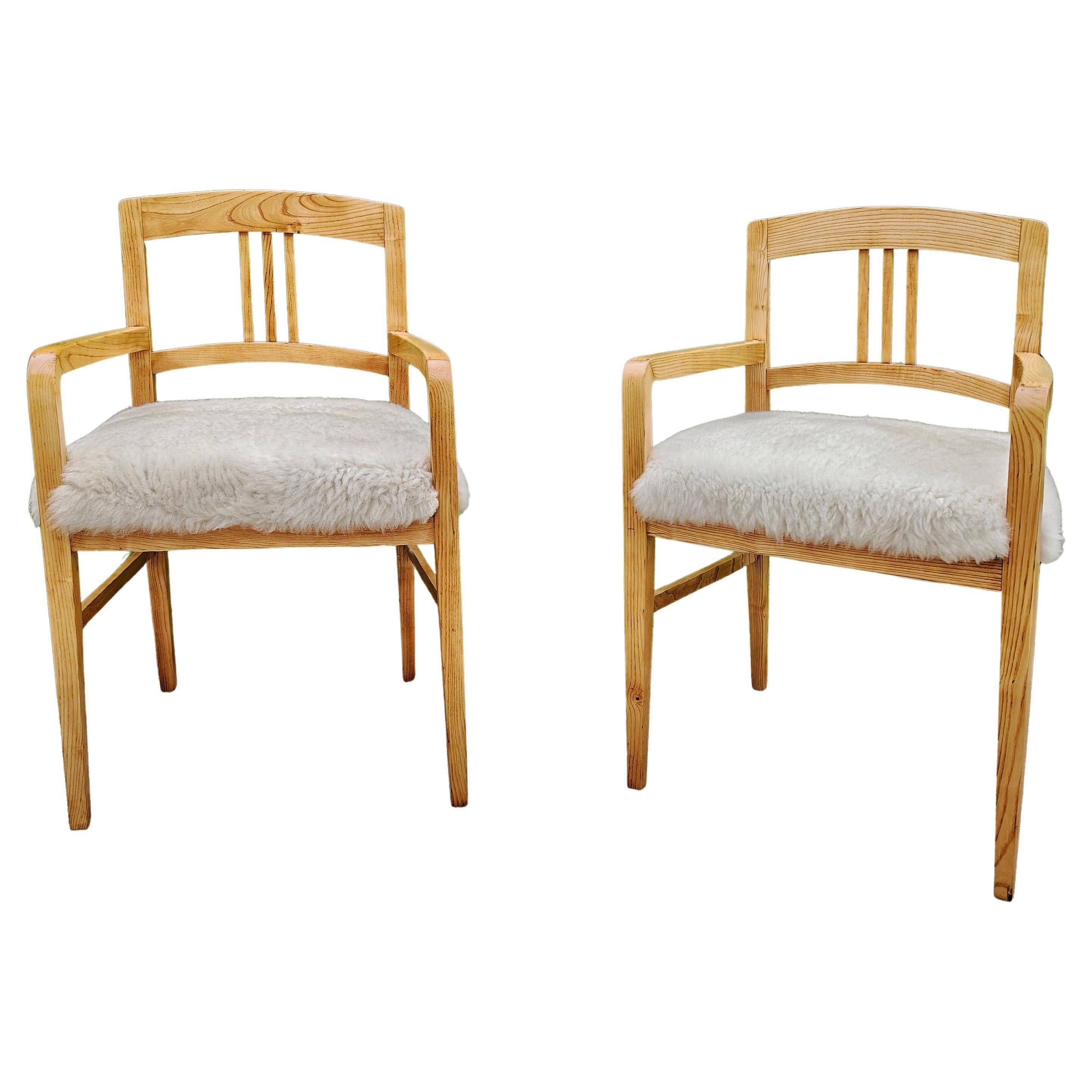 Pair of Jugendstil armchairs in solid ash and sheepskin 1910
