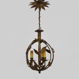 Vintage cage chandelier in aged golden metal and foliage, antique lighting, 3-burner chandelier. Year 60
