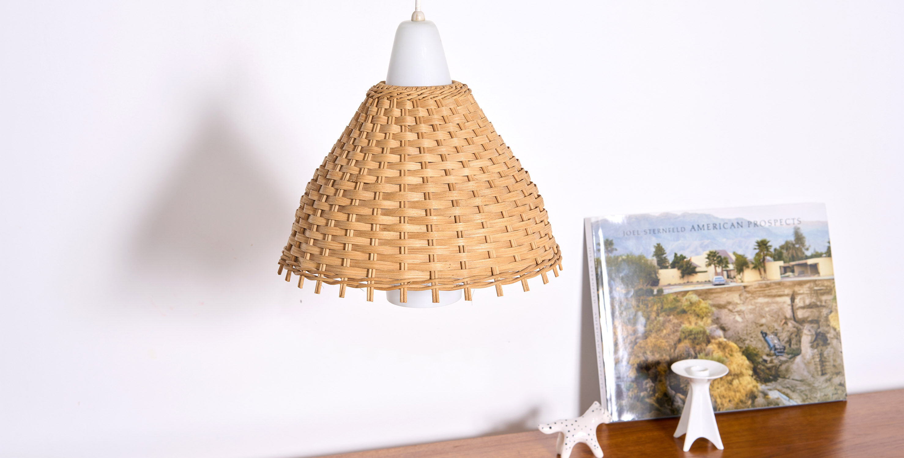 Vintage pendant light, glass & rattan