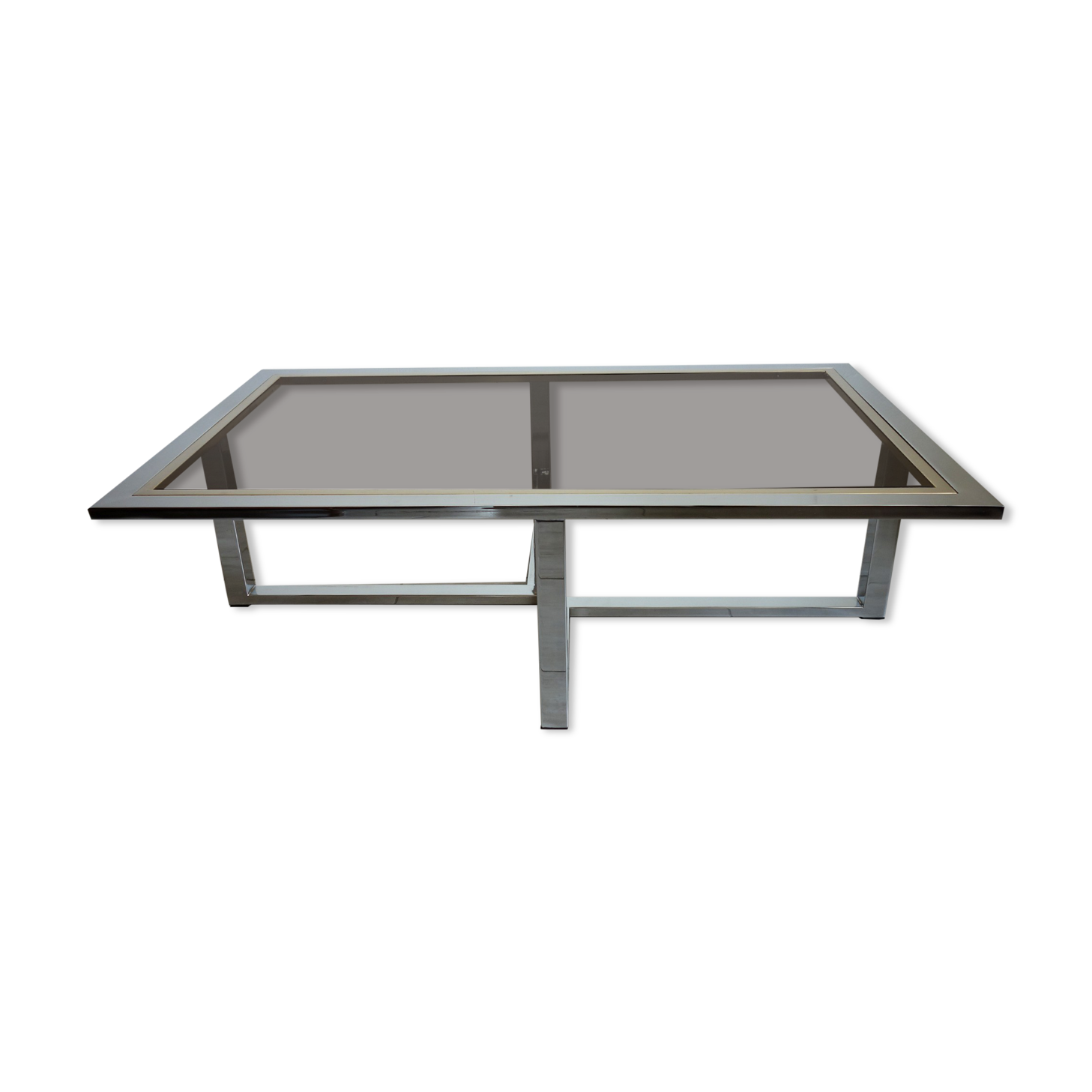 Table basse verre fumé métal chromé laiton 1970