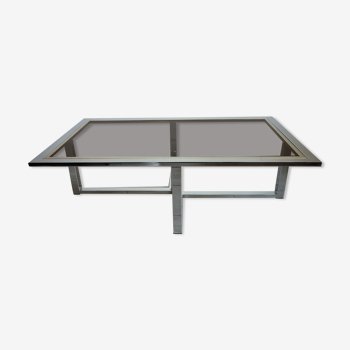 Table basse verre fumé métal chromé laiton 1970