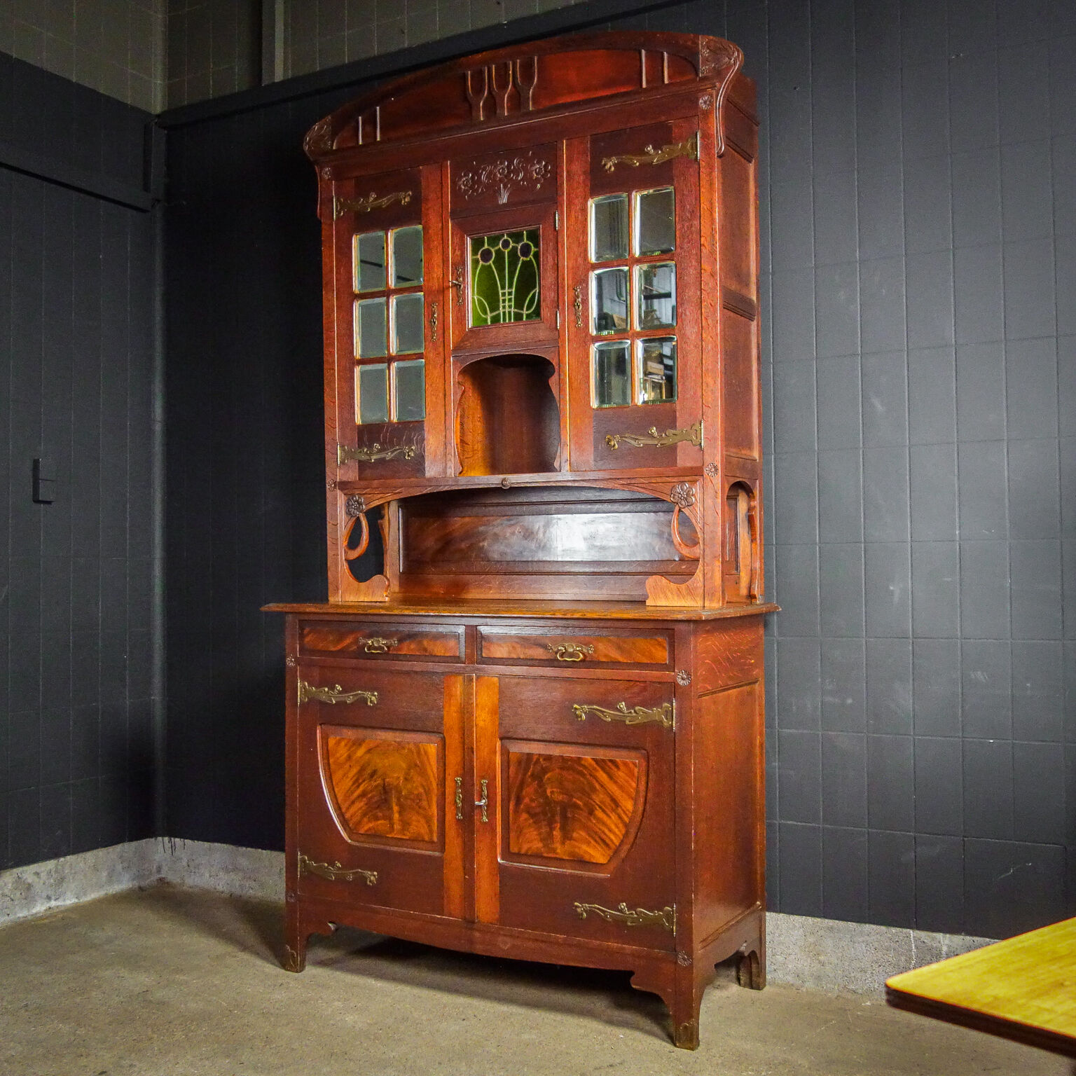 art nouveau cabinet with stained glass window, France circa 1910