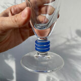 6 clear champagne flutes with blue stems, designer style