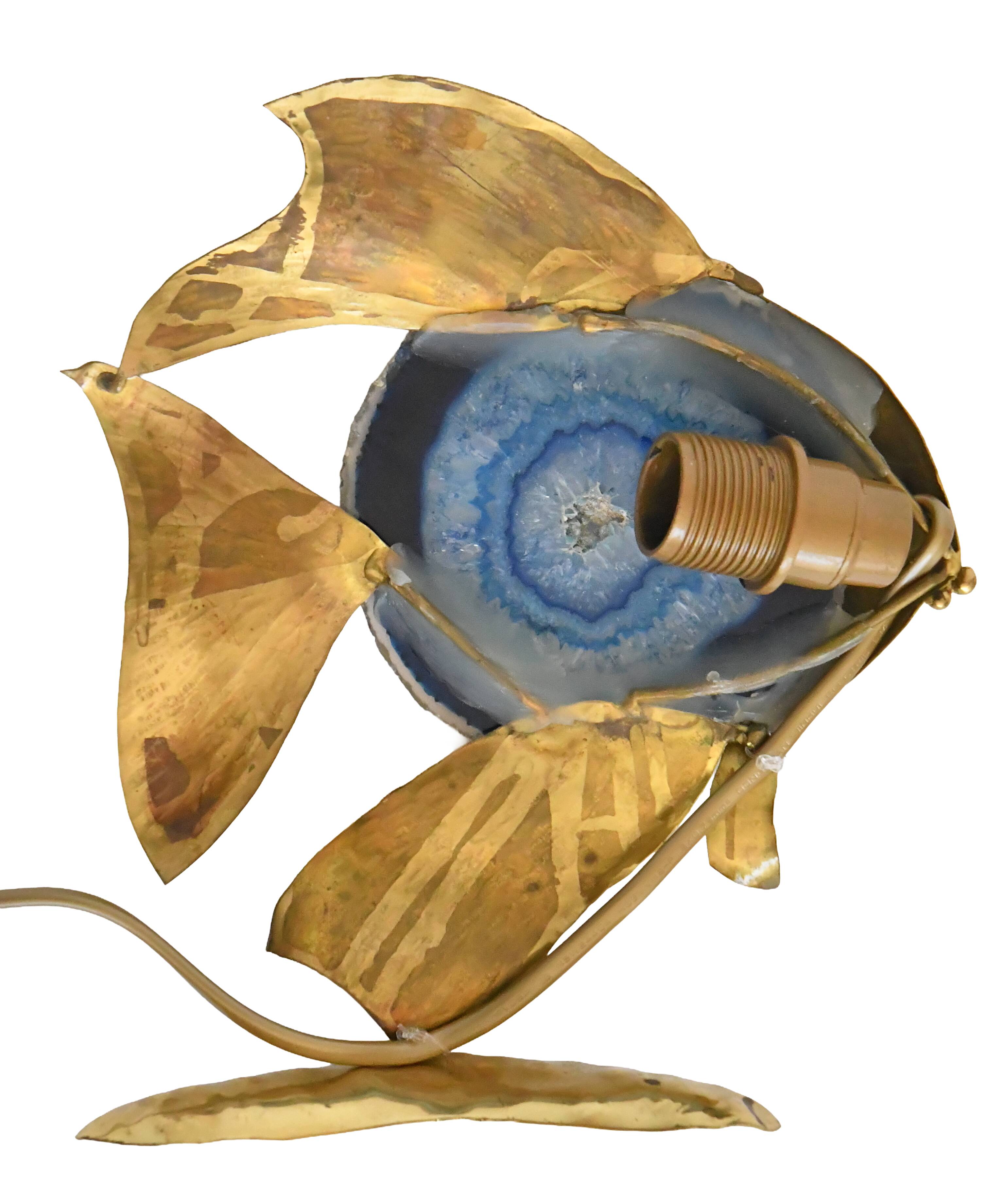 Angel fish lamp in gold metal and blue agate