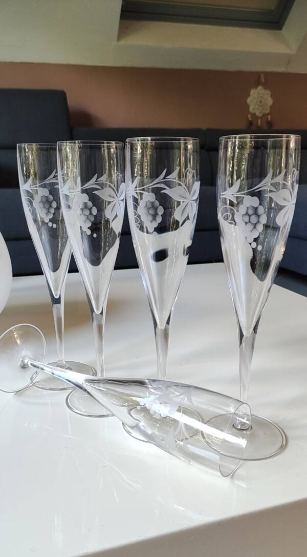 Lot 5 Grandes Flûtes Champagne en cristal Motifs Sarments Vigne 23,5cm
