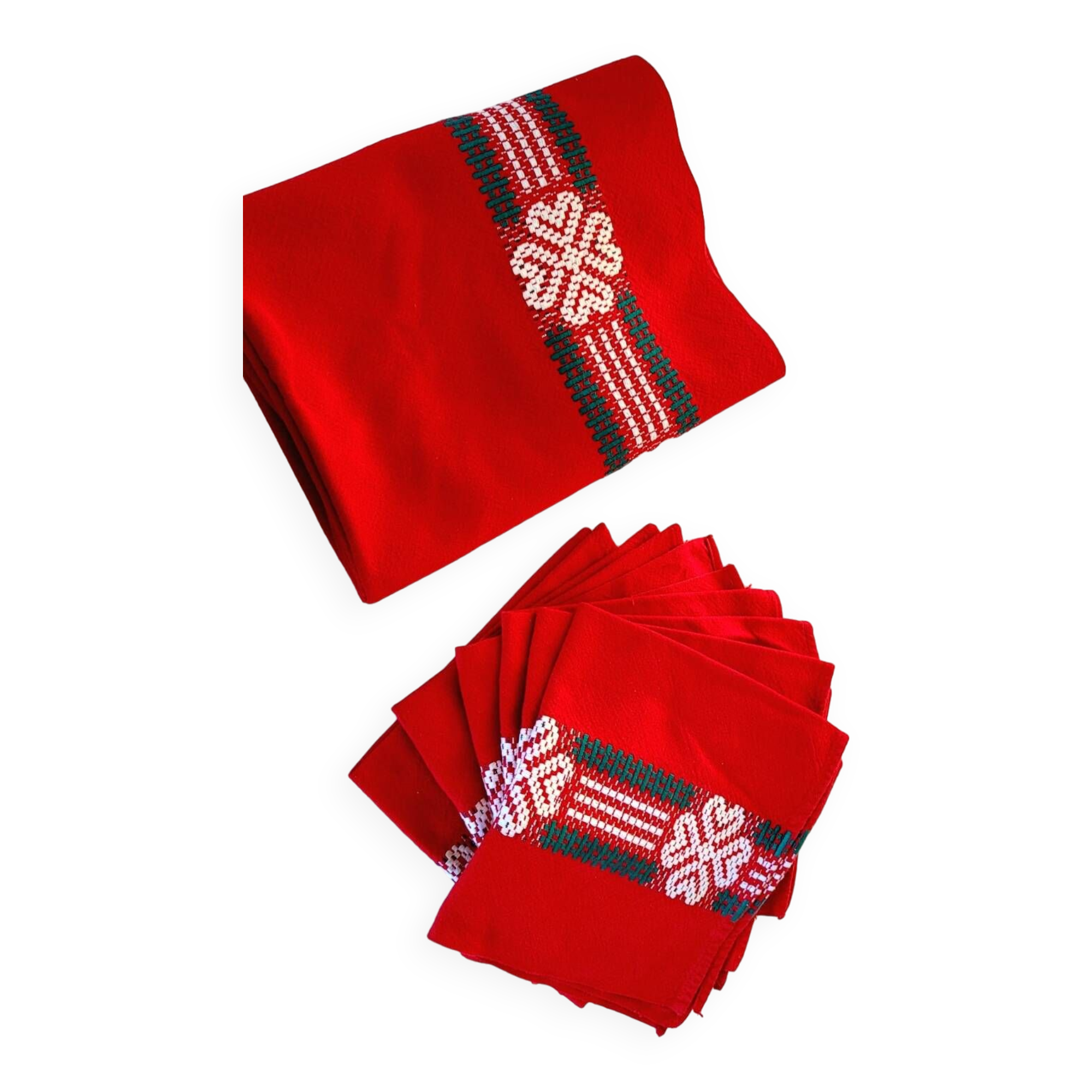 Set of tablecloth and 6 napkins Antique Basque cotton linen France 1950