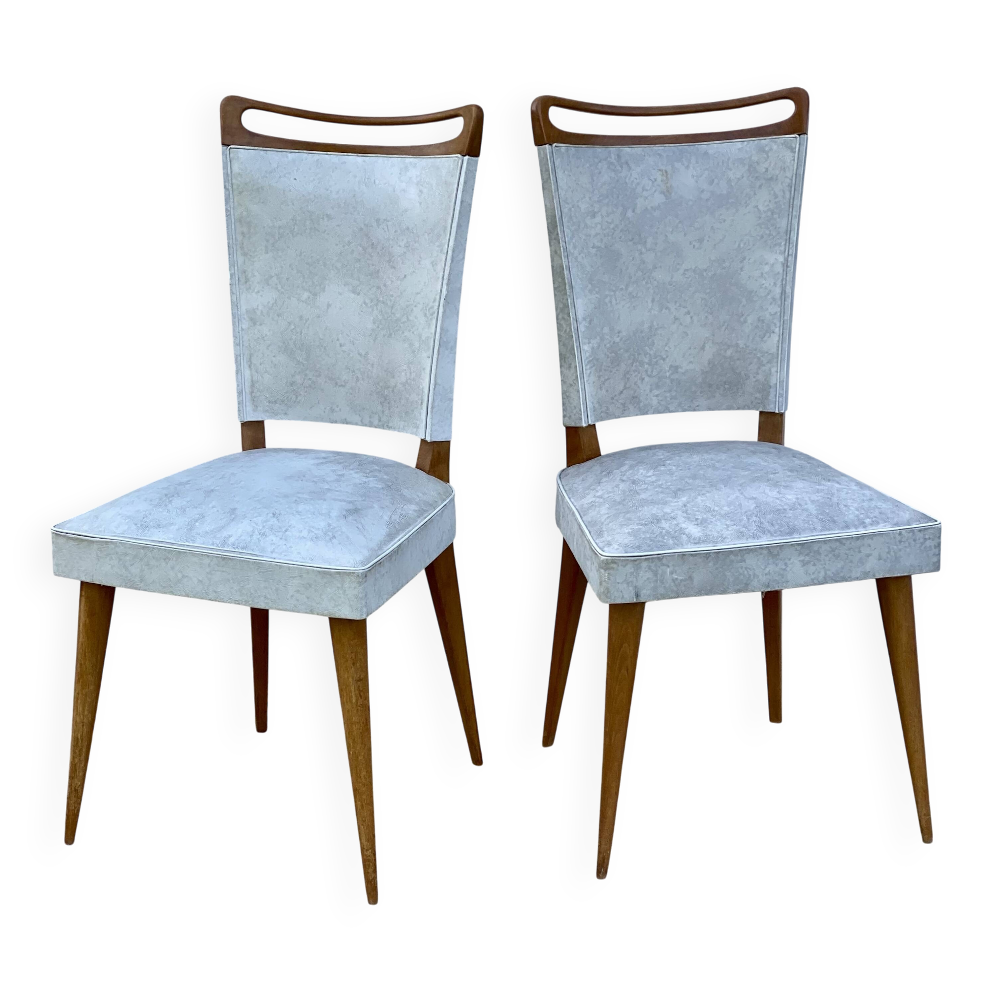 Pair of vintage 1960s compass-legged chairs in wood and white imitation leather