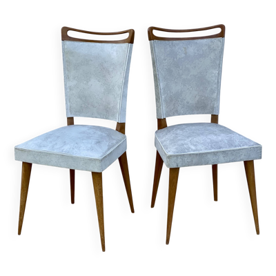 Paire de chaises pieds compas vintage 1960 bois et simili-cuir blanc