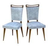 Pair of vintage 1960s compass-legged chairs in wood and white imitation leather