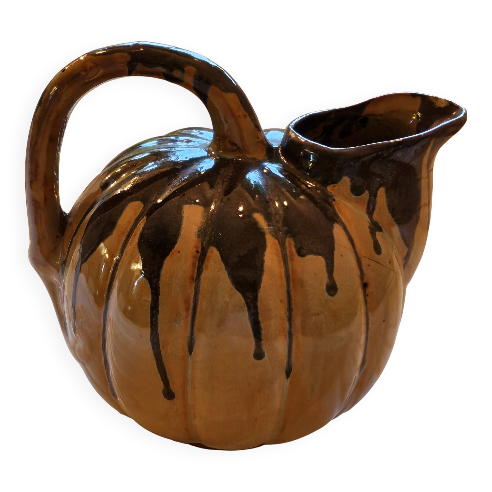 Vintage glazed terracotta pumpkin jug, 1930s