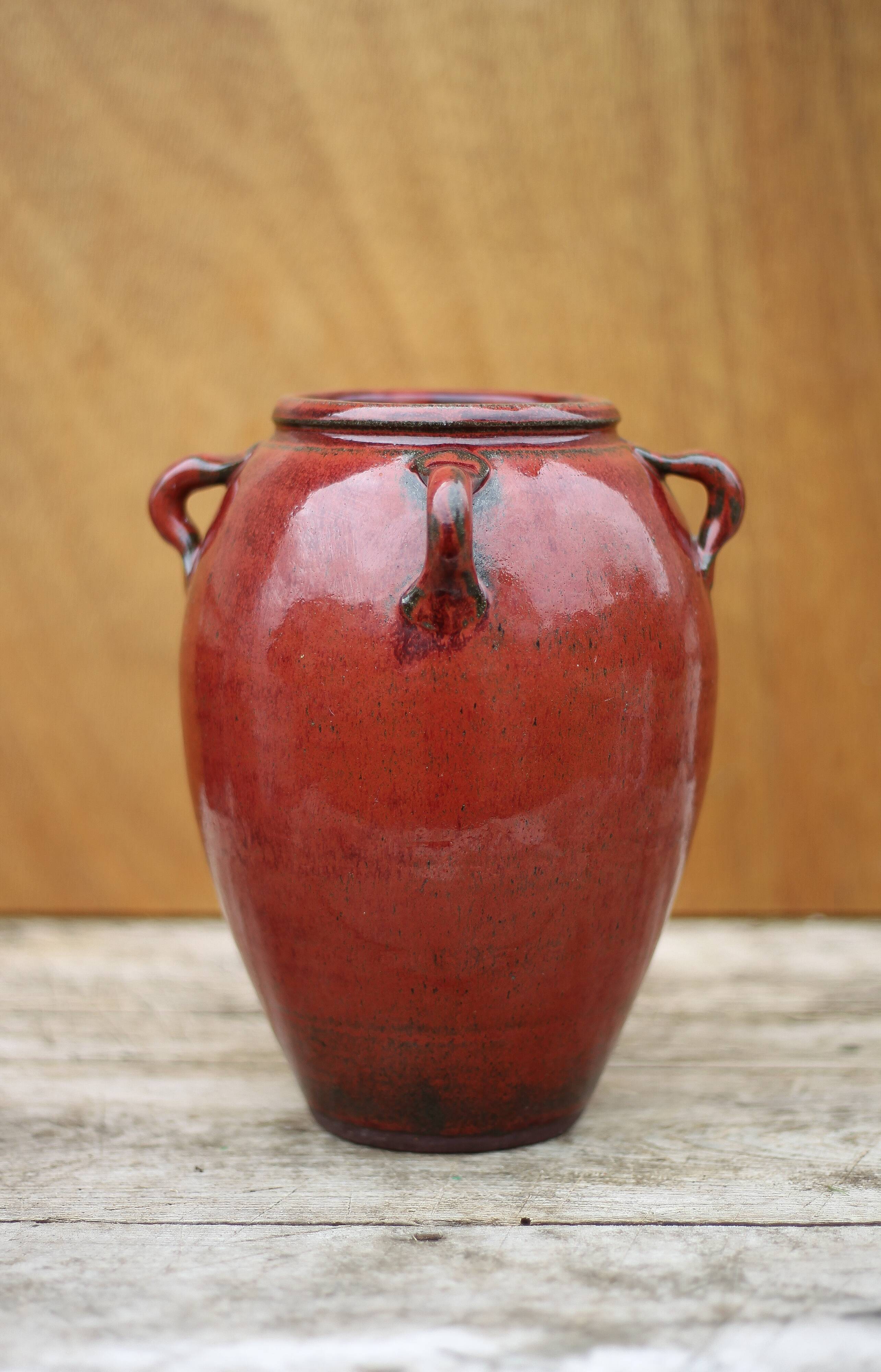 Ox blood red glazed sandstone vase, signed vase, vintage flower pot, vase with handles, collection