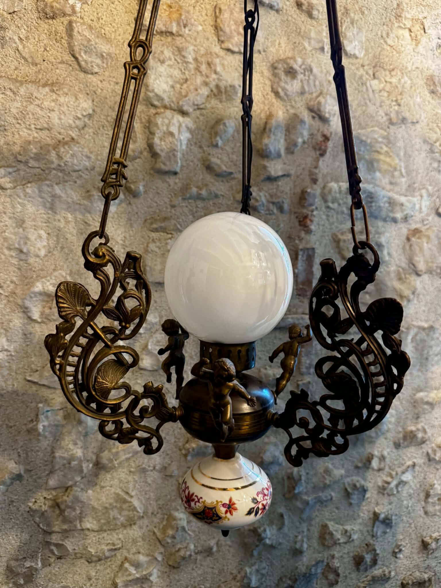 Bronze and porcelain Art Nouveau chandelier