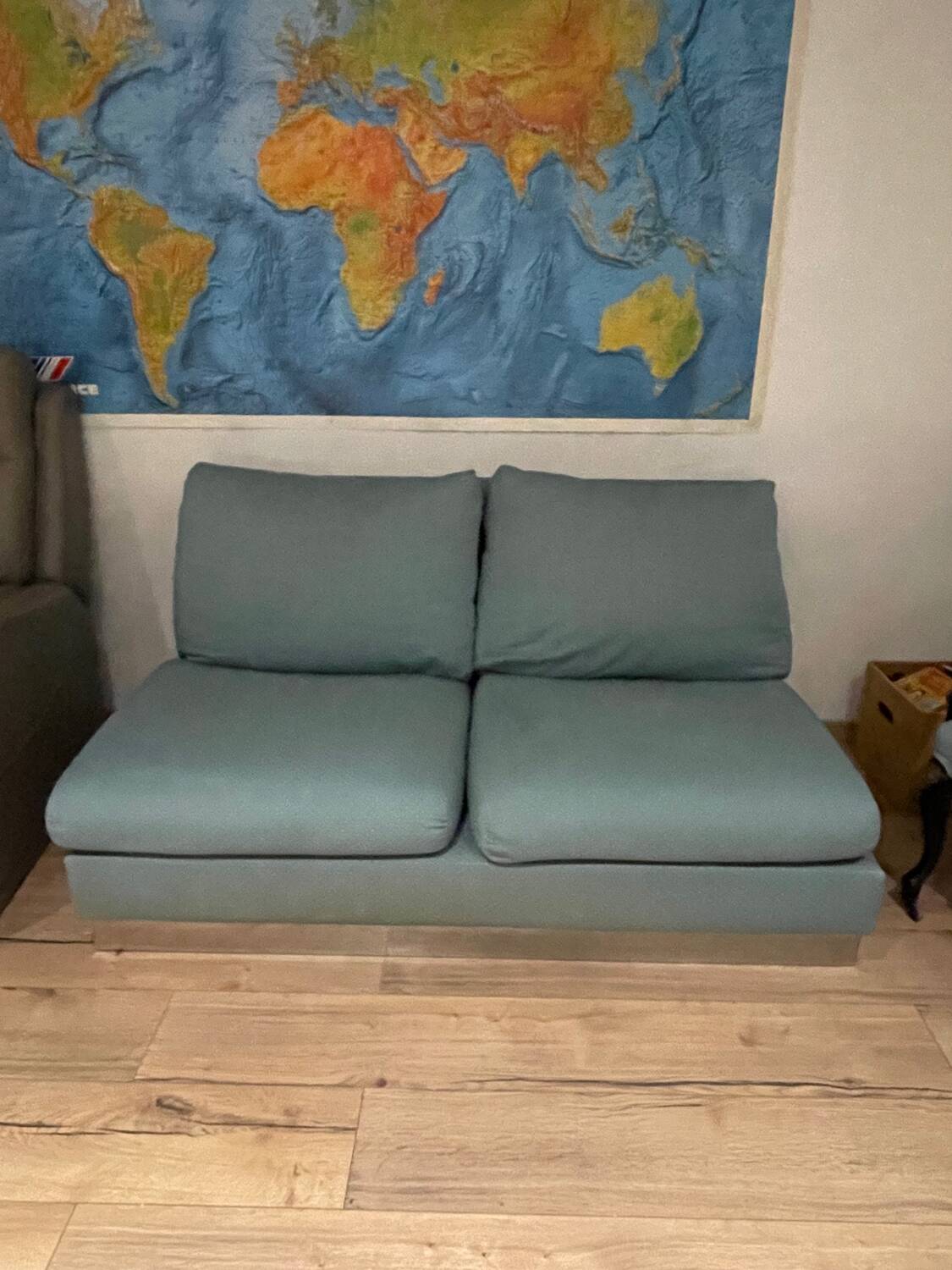 Banquette sofa circa 1970 blue fabric/yellow polka dots