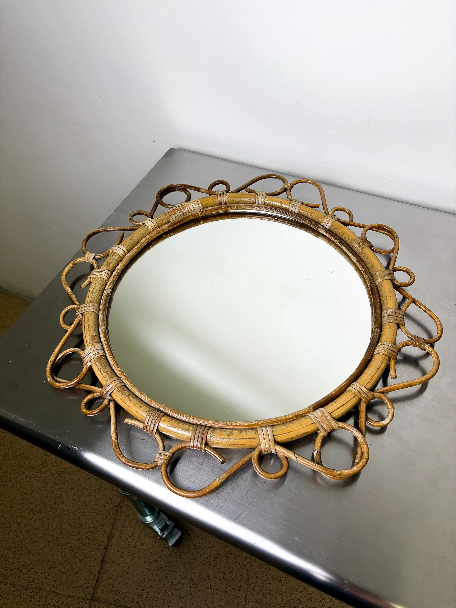 Spanish rattan bamboo oval mirror, 1960s