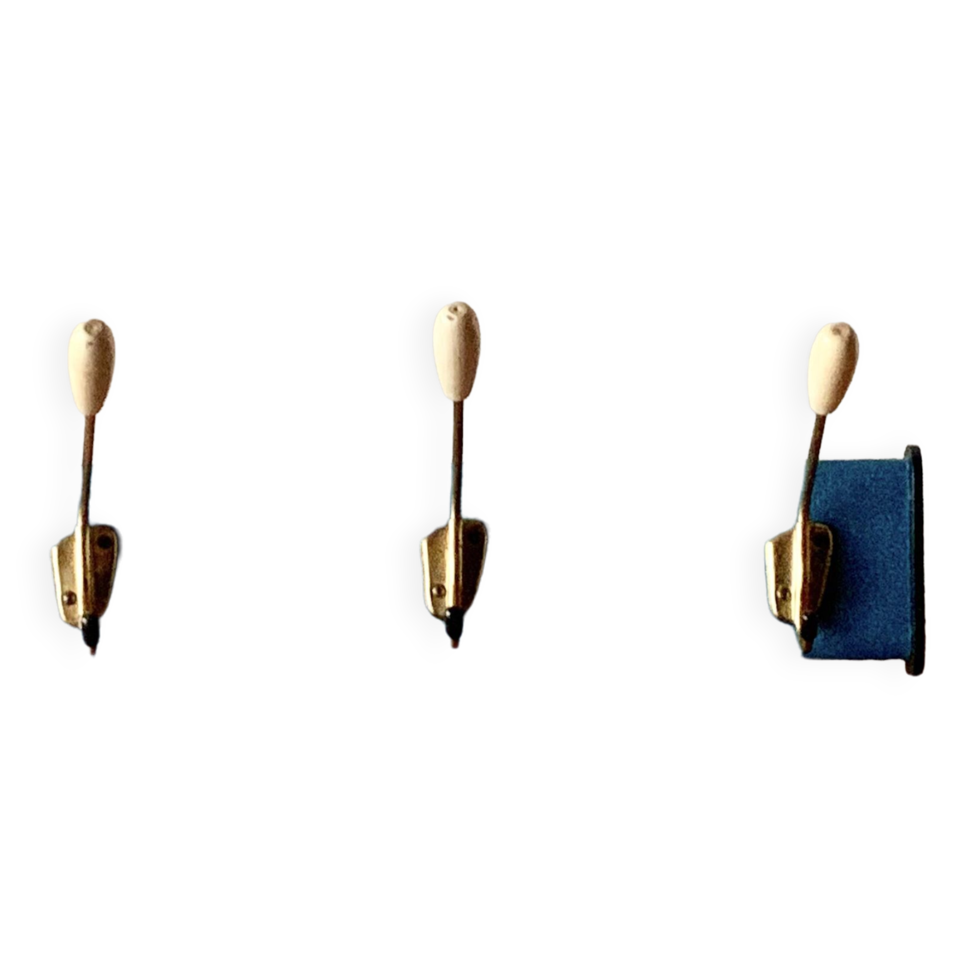 Vintage wall coat rack - 3 brass coat hooks