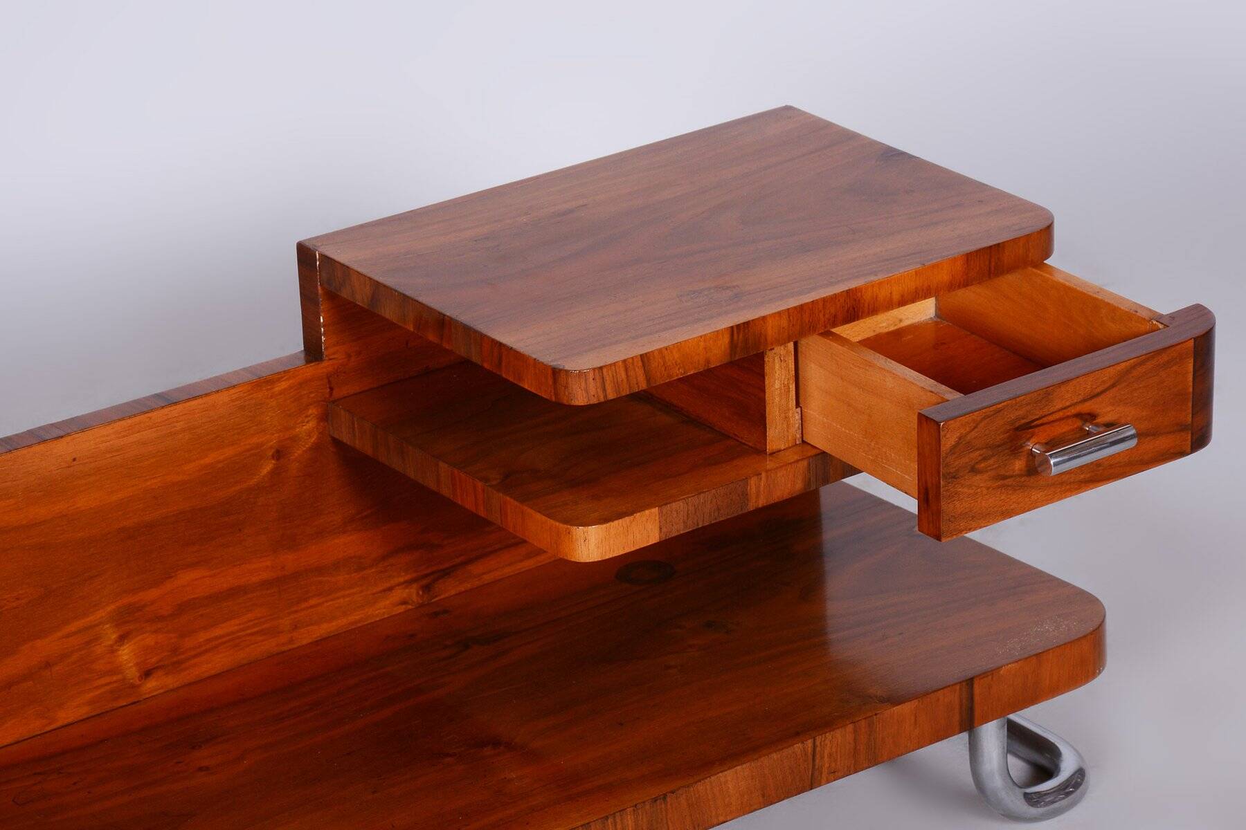 Art Deco Pedestal Table in Walnut & Chrome attributed to Mücke Melder, Czech, 1930s