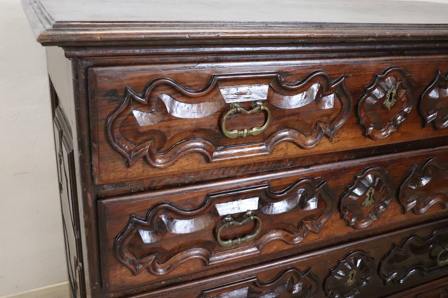 Antique Carved Walnut Chest of Drawers, 17th Century