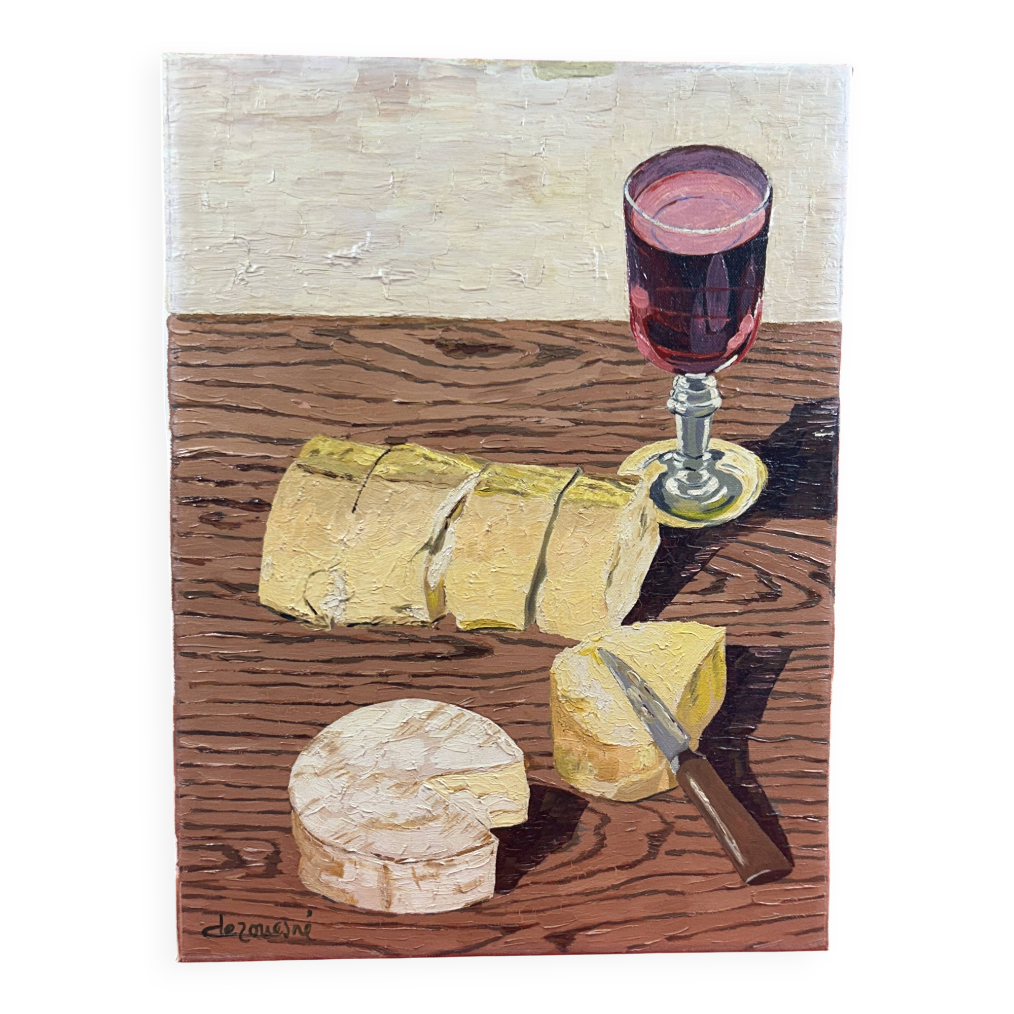 Oil/canvas Still life Snack camembert, bread red wine Derouesné