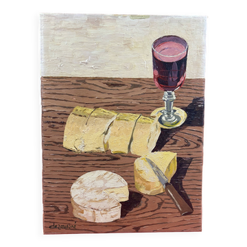 Oil/canvas Still life Snack camembert, bread red wine Derouesné