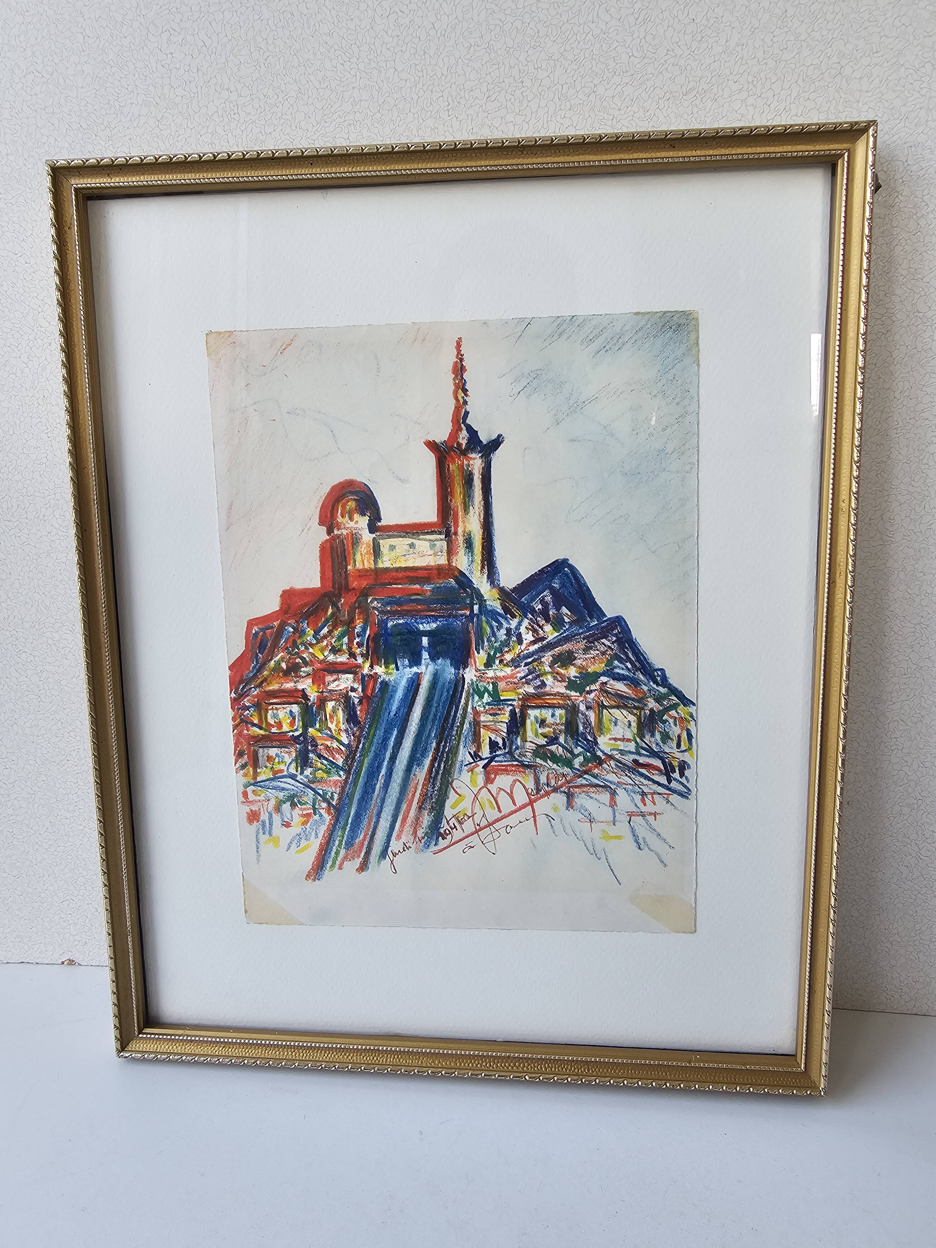 Pastel painting of Notre Dame de la Garde, Marseille. Signed JM (Signature at id)