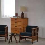 Art Nouveau, pair of oak lounge chairs, reupholstered in style fabric, 1920s.