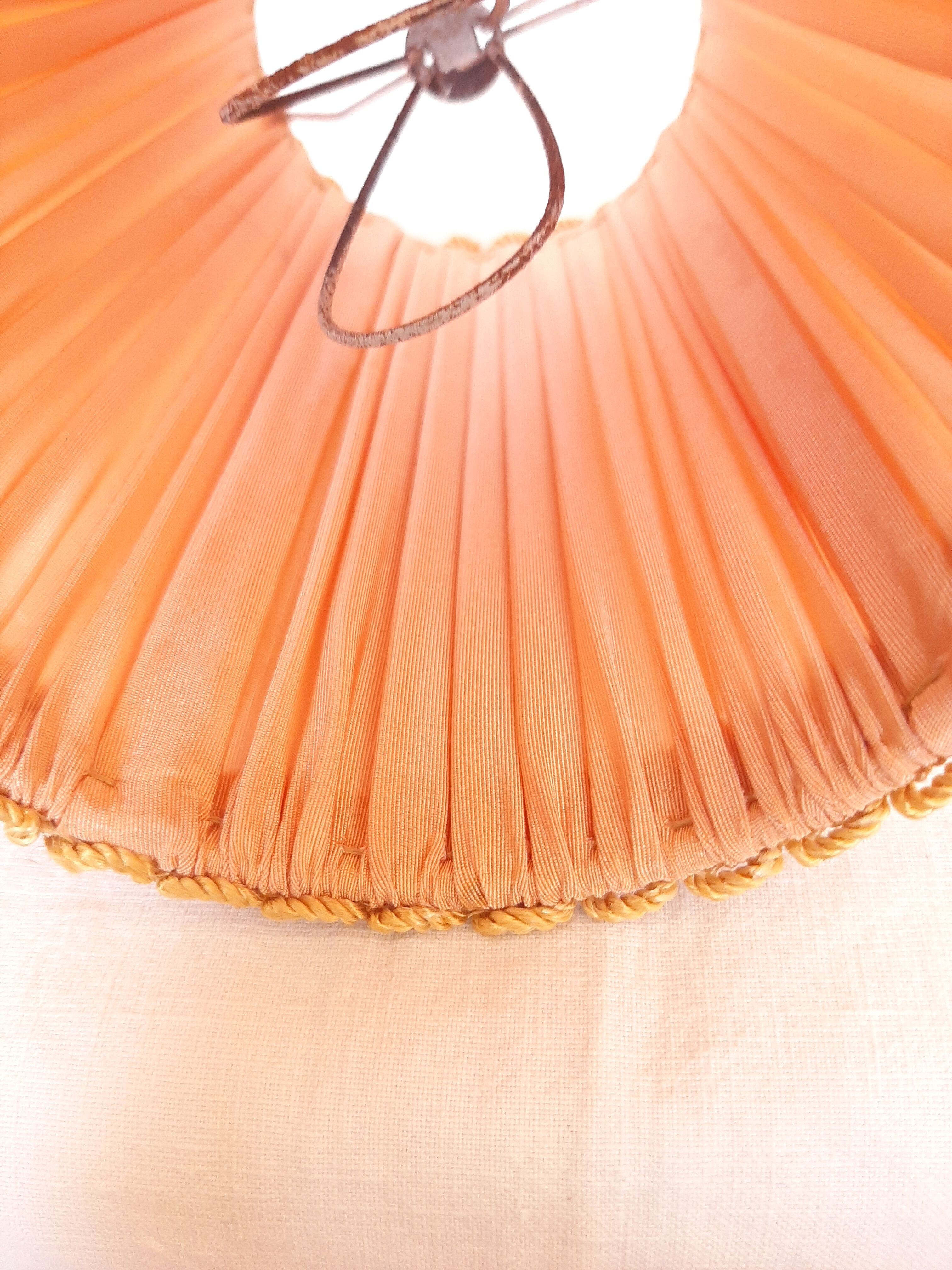 5 lampshades with clips for chandelier, 60s, pleated taffetas peach and golden trimmings