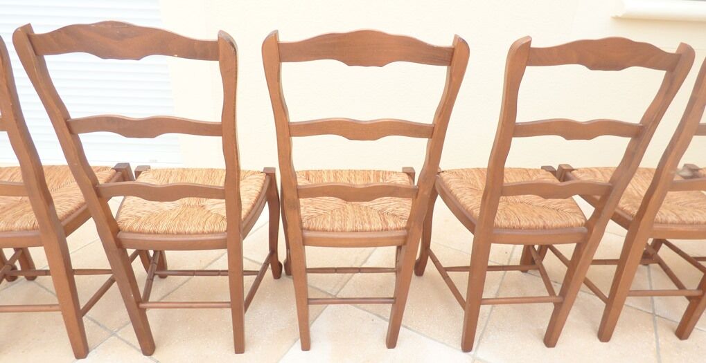 8 Straw chairs with high backs in solid wood