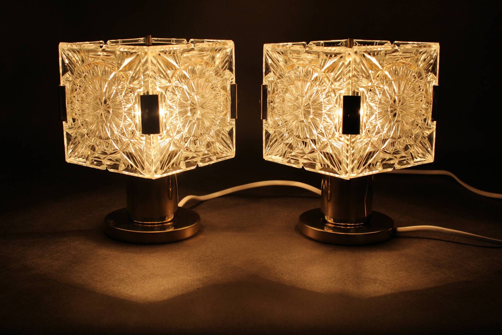 1970s Pair of Brass/Glass Table Lamps by Kamenicky Senov, Czechoslovakia