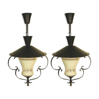 Pair of suspensions "lanterns" in black metal, brass and frosted glass around 1950